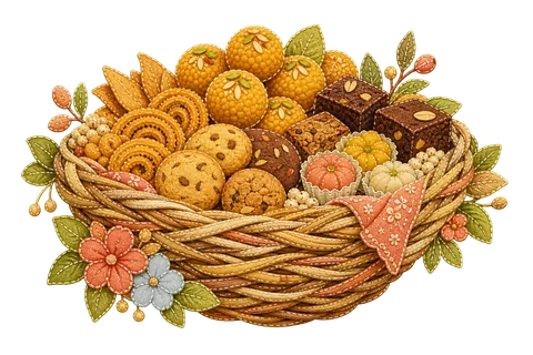A woven basket overflowing with handmade Indian sweets, snacks and bakes